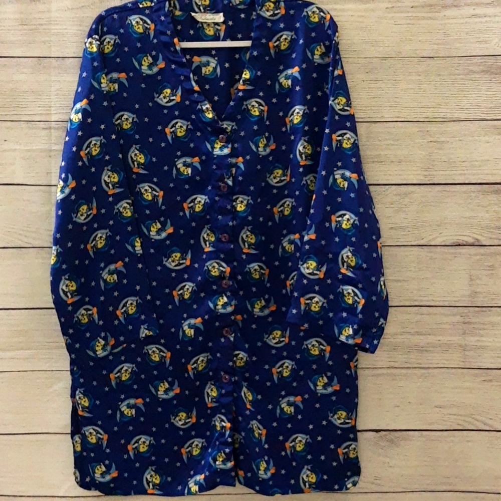 Looney Tunes Intimates Sleepwear Tweety Bird Moon Stars VTG 90s Blue Yellow, L
